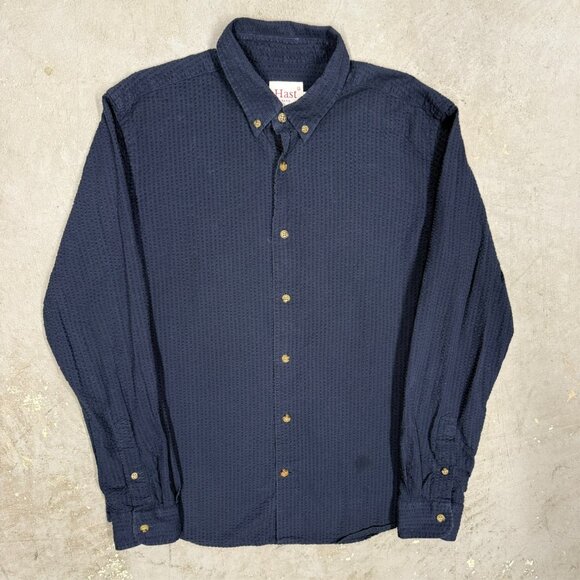 Hast Paris Searsucker Shirt Long Sleeve Button Down Blue Cotton Medium - Picture 2 of 8